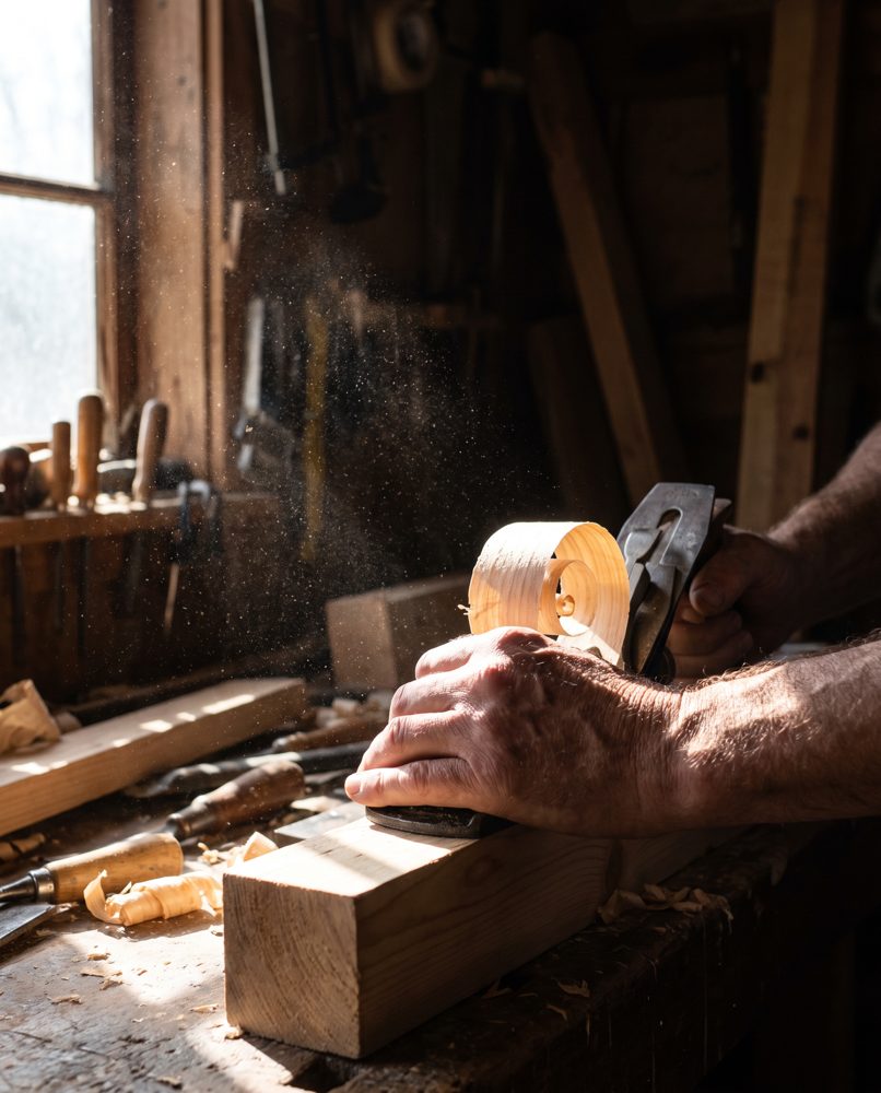 Le mani di un falegname che pialla il legno