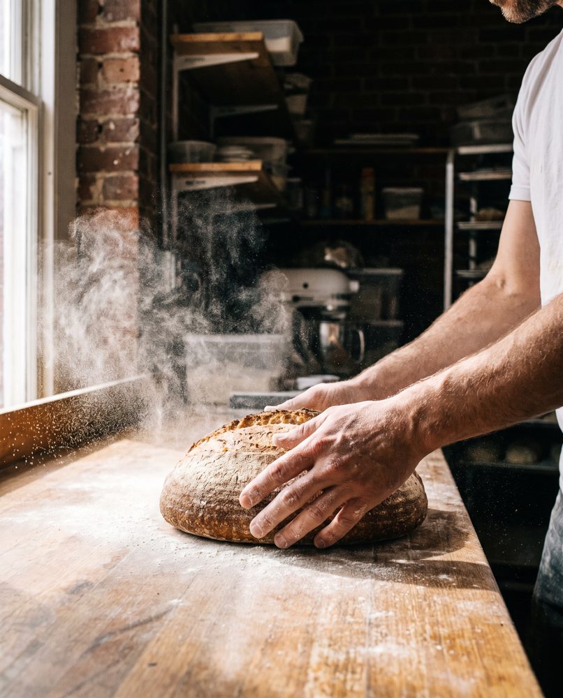 Le mani di un panettiere sul banco infarinato