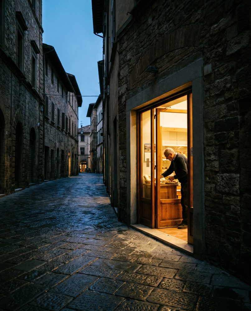 Un negozio illuminato di sera in una via del centro