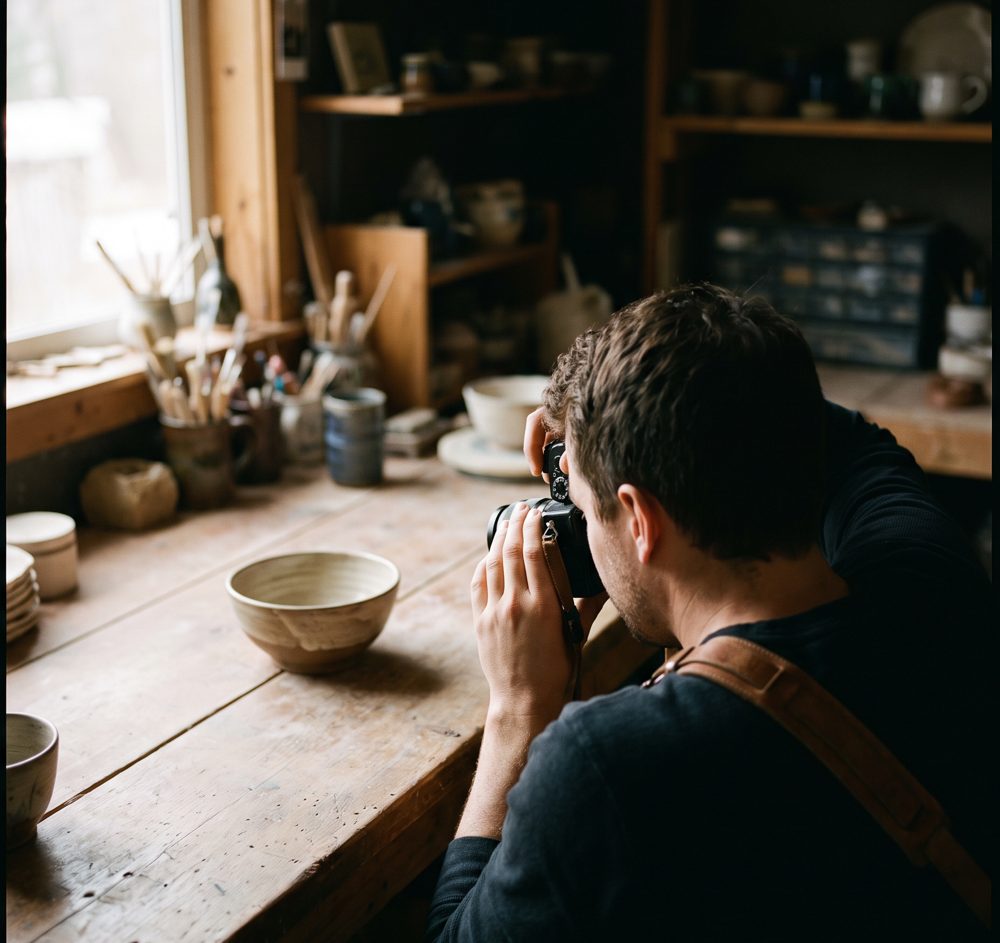 Un fotografo che fotografa un prodotto in una bottega